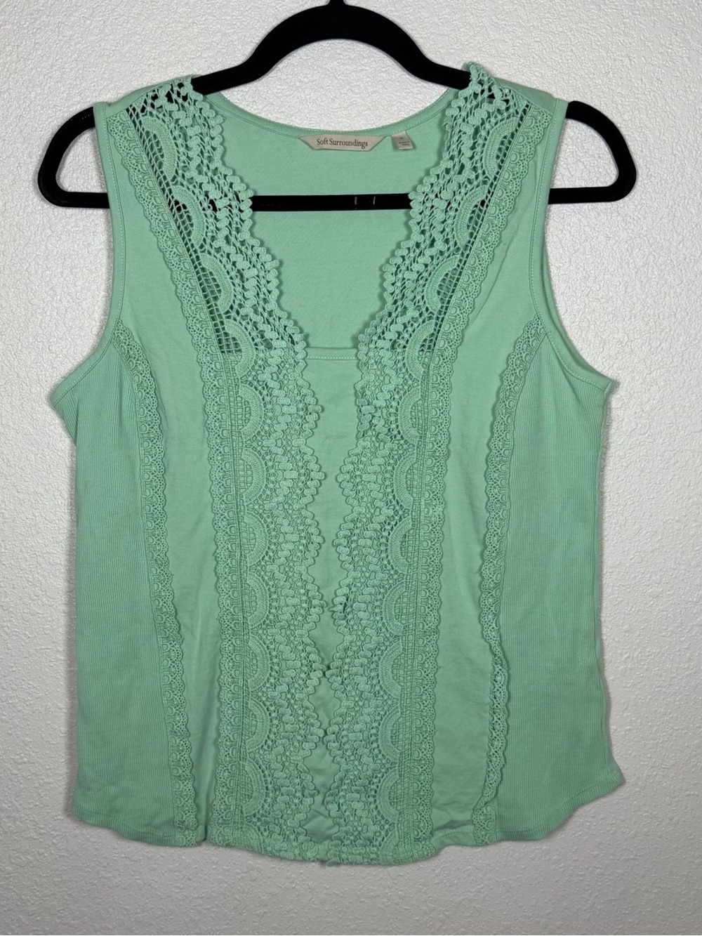 Soft Surroundings M Mint Green Crochet Ribbed Tank Cotton Coastal Boho Cottage